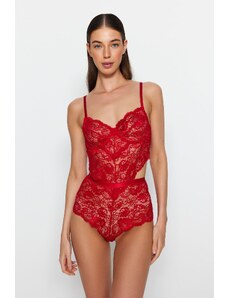 Trendyol Dark Red Lace Window/Cut Out Detailed Snaps Knitted Bodysuit