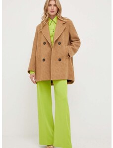 Vlnený kabát Pinko hnedá farba, prechodný, dvojradový