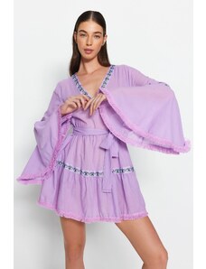 Trendyol fialová pásová mini väzba a volánové plážové šaty zo 100% bavlny