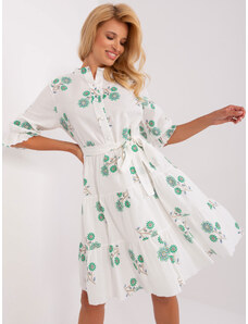 LAKERTA Bielo-zelené bavlnené kvetinové šaty s volánmi a opaskom