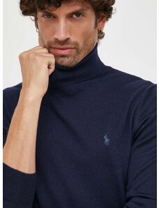 Vlnený sveter Polo Ralph Lauren pánsky, tmavomodrá farba, tenký, s rolákom