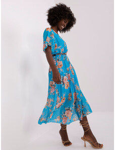 Fashionhunters Modré kvetinové midi šaty