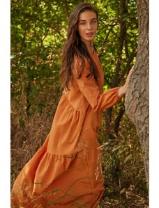 Trendyol Modest Cinnamon Gather Detailné bavlnené Wide Fit tkané šaty