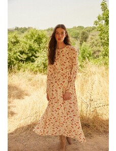 Trendyol Modest Béžové tkané šaty s kvetinovým vzorom v páse