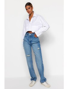 Trendyol modrá roztrhaná vysoký pás dlhé rovné džínsy