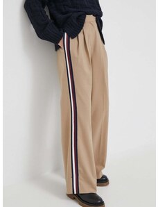 Nohavice s prímesou vlny Tommy Hilfiger béžová farba, široké, vysoký pás