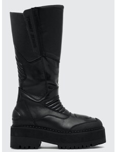 Vysoké čižmy Tommy Jeans TJW LONG SHAFT BIKER BOOT dámske, čierna farba, na plochom podpätku, jemne zateplené, EN0EN02376