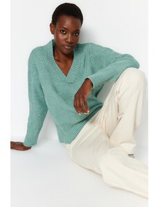 Trendyol Mint Jemný textúrovaný pletený sveter s výstrihom do V