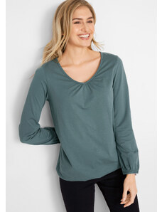 bonprix Bavlnené tričko s dlhým rukávom s gumičkou, farba zelená