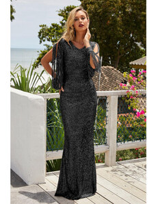 Úžasné čierne večerné trblietavé šaty s dlhým rukávom LC610992-2