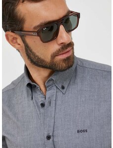 Bavlnená košeľa BOSS BOSS ORANGE pánska,šedá farba,regular,s talianskym golierom,50489341
