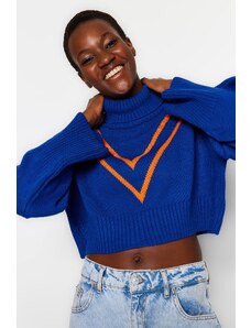 Trendyol Blue Crop Color Block Rolák Pletený sveter