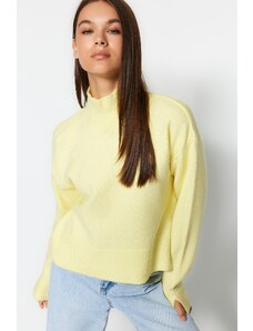 Trendyol žltý basic mäkký textúrovaný stojaci golier s rozparkom na koncoch rukávov, pletený sveter