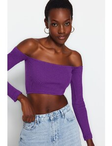 Trendyol Purple Fitted Super Crop Carmen Collar Ribbed Stretch Knitted Blouse