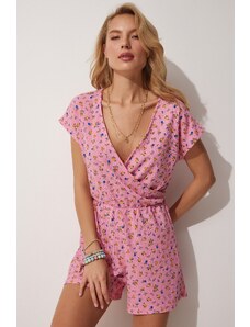 Happiness İstanbul Women's Light Pink Printed Overalls with Wrapover Collar