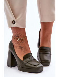 Sweet Shoes Khaki elegantné kožené lodičky na vysokých stĺpikových podpätkoch