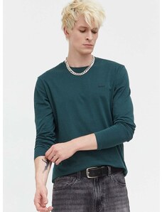 Bavlnené tričko s dlhým rukávom HUGO zelená farba,jednofarebný,50466159