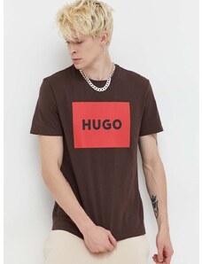 Bavlnené tričko HUGO hnedá farba, s potlačou, 50467952