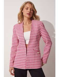 Happiness İstanbul Women's Pink Textured Houndstooth Patterned Blazer Jacket