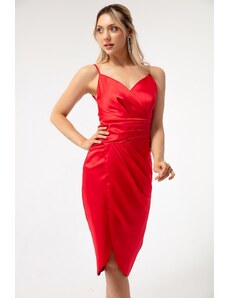 Lafaba Dámske červené dvojradové večerné šaty s rozparkom midi saténu