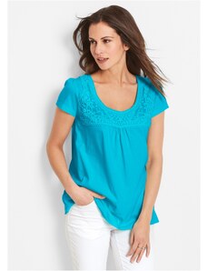 bonprix Bavlnené tričko s čipkou, krátky rukáv, farba modrá