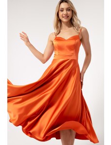 Lafaba Dámske oranžové tenké ramienka Midi saténové večerné šaty.