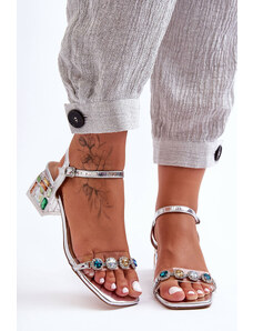 S. Barski Strieborné kožené sandále s farebnými kryštálmi a zdobenými podpätkami