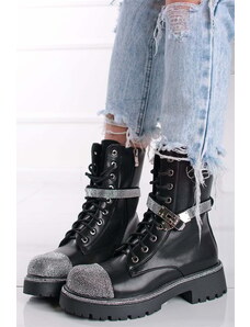 Givana Čierne šnurovacie členkové topánky s ozdobnými kamienkami Nola