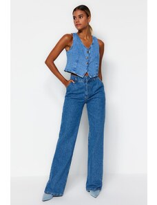 Trendyol Collection Modré džínsy so širokými nohavicami s vysokým pásom a detailom vrecka