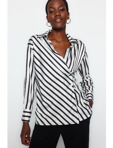 Trendyol Black Striped Double Breasted Satin Woven Shirt