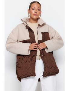 Trendyol hnedo-viacfarebný oversized plyšový detailný, vodoodpudivý prešívaný nafukovací kabát