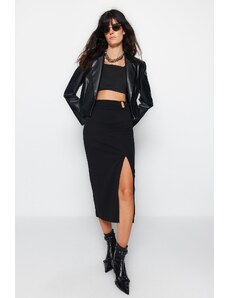 Trendyol čierna krepová pracka Maxi elastická pletená sukňa s vysokým pásom s detailom rozparku