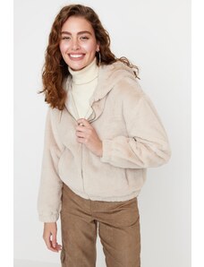 Trendyol Ecru oversized plyšový kabát s kapucňou