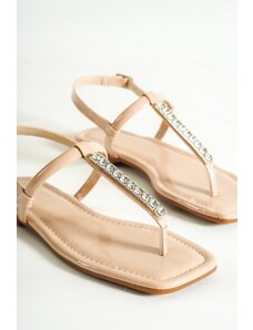 Capone Outfitters Capone patentované kožené žabky Stone členkový remienok Béžové dámske sandále s plochým podpätkom