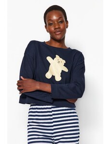 Trendyol Collection Námornícka modrá bavlnená súprava medvedíka s potlačou-Jogger pletené pyžamá