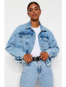 Trendyol Collection Svetlomodrá Crop džínsová bunda so strapcami na leme