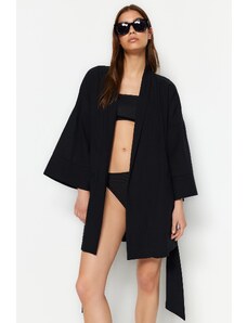 Trendyol Collection Black Belted Mini tkané kimono a kaftan 100% bavlna
