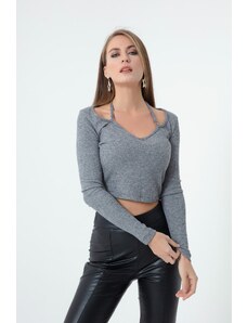 Lafaba Women's Gray Knitted Crop with Metallic Accessories