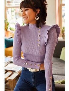 Olalook Dámsky fialový volánový gombík detailný pletený sveter