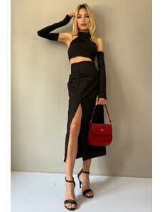 Madmext Black Basic Midi Length Pleated Linen Skirt