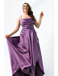 Lafaba Dámske levanduľové saténové večerné šaty plus veľkosti s volánikmi a rozparkovými plesovými šatami