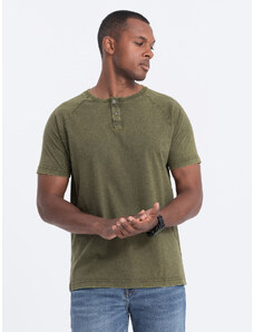 Ombre Clothing Pánske tričko s výstrihom henley - tmavo olivová V4 S1757