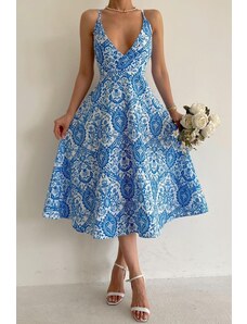 Madmext Blue Patterned Decollete Midi Length Dress