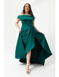 Lafaba Dámske smaragdovo zelené saténové večerné šaty plus veľkosti a plesové šaty s lodným golierom