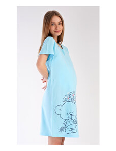 Vienetta Dámska materská nočná košeľa Méďa s kvetinou, farba světle modrá, 100% bavlna