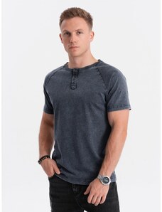 Ombre Clothing Men's T-shirt with henley neckline - navy blue V2 S1757