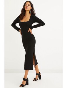 Cool & Sexy Cool &ampy sexy dámske čierne štvorcové golierové midi šaty s dvojitým rozparkom