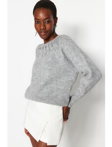 Trendyol Grey Stone detailný pletený sveter