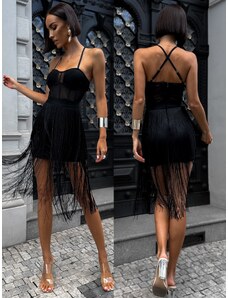 ErikaFashion Čierne elegantné šaty BLOCK so strapcami