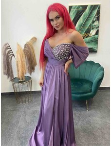 PrestigeShop Nádherné luxusné saténové šaty s rázporkom a kamienkami - fialové